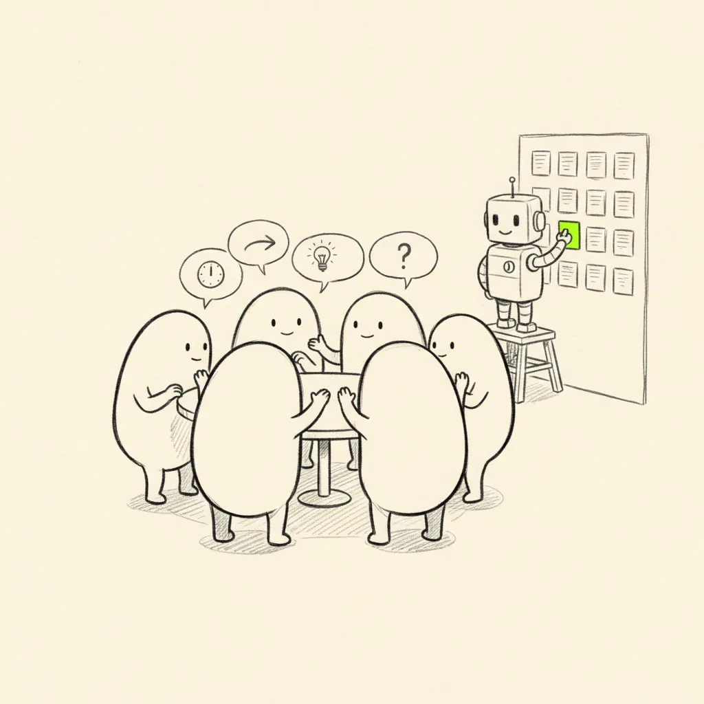 Six people huddled around a small table mid-debate, while a small bot on a step stool behind them pins their ideas onto a wall board
