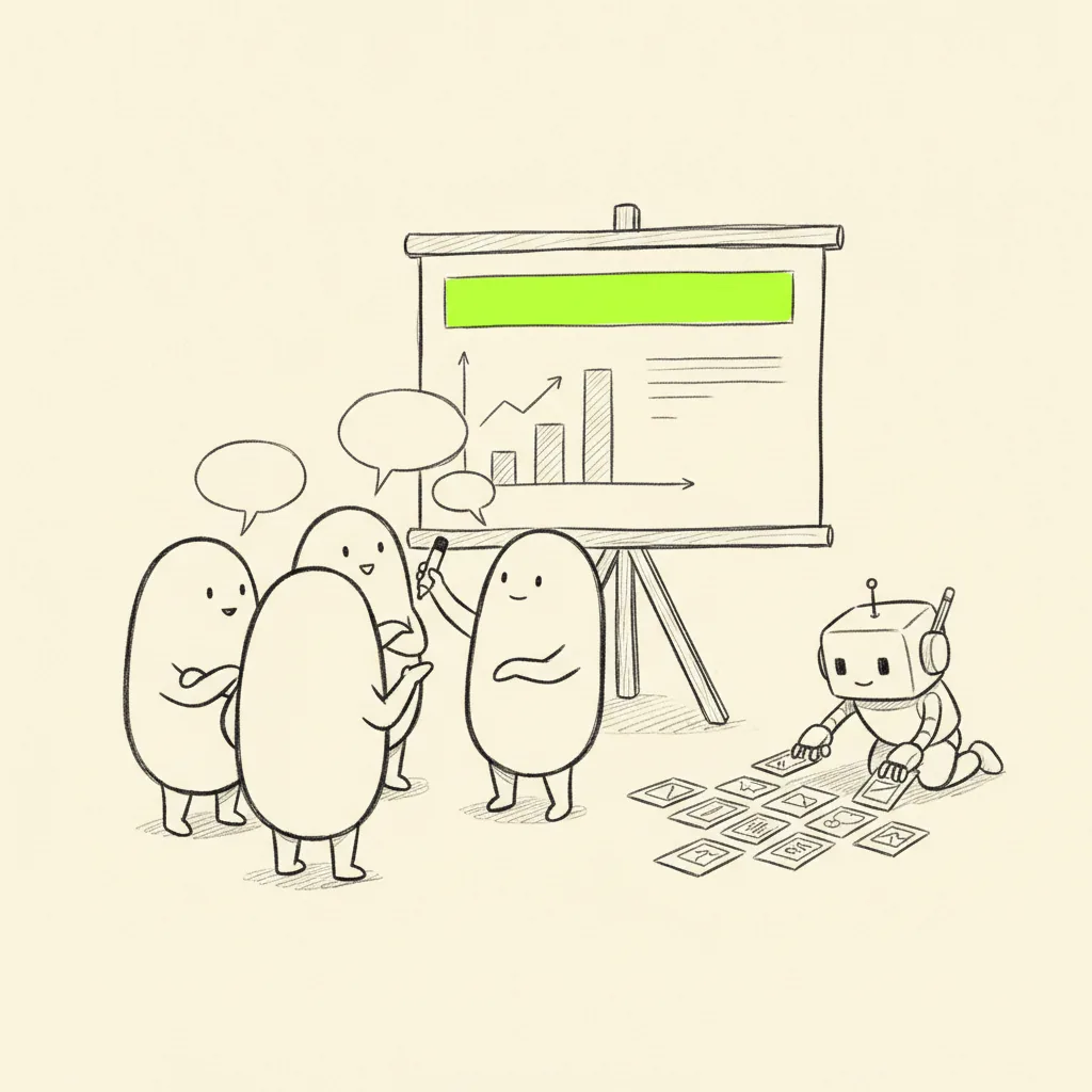 Four people arguing over a chart on a big slide, while a small bot on the floor beside them reorders the printed slides
