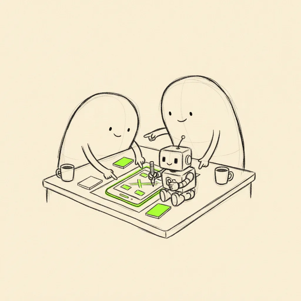 Two people and a bot around a tablet, sketching a wireframe together and pointing at what to change