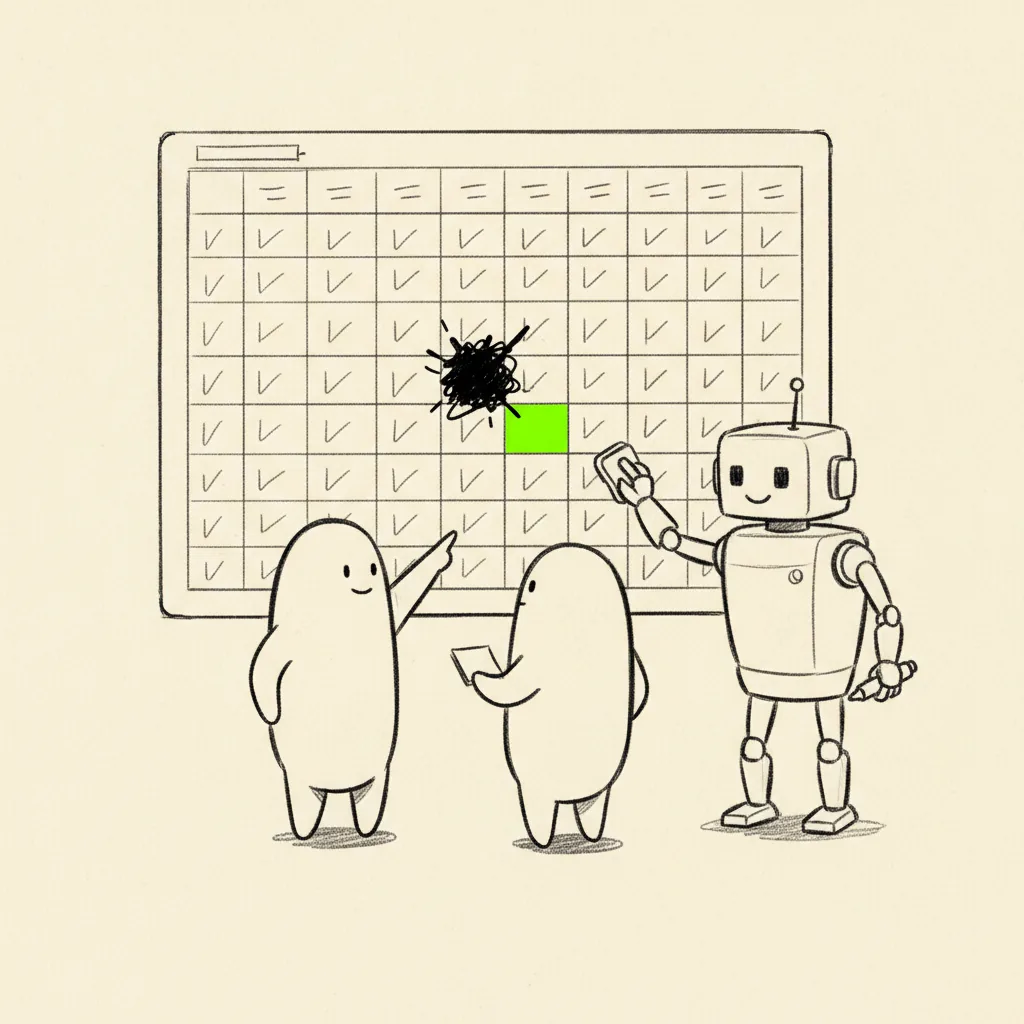 A spreadsheet on a whiteboard; someone points at a scribbled-out cell while the bot erases it and fills in the corrected one